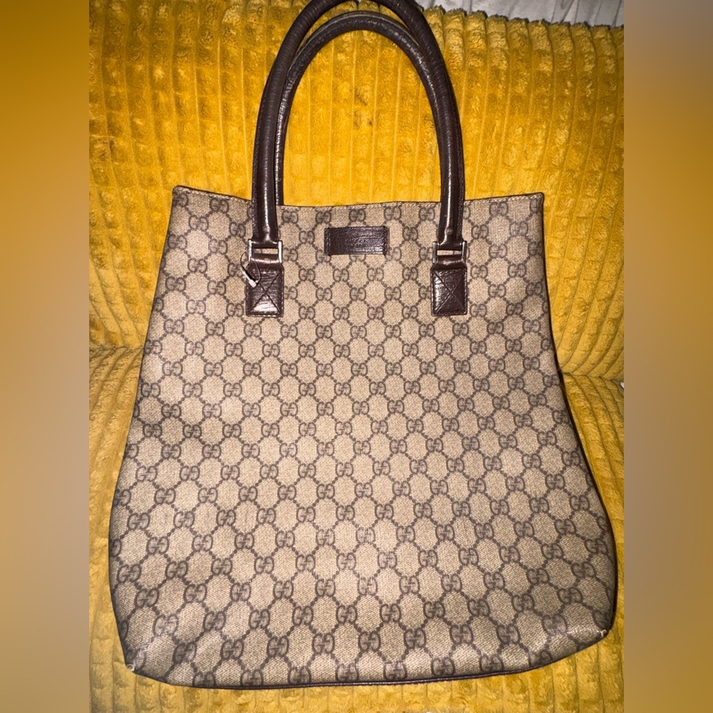 Authentic Gucci Brown GG Canvas Tote with Dark Brown Leather Trim